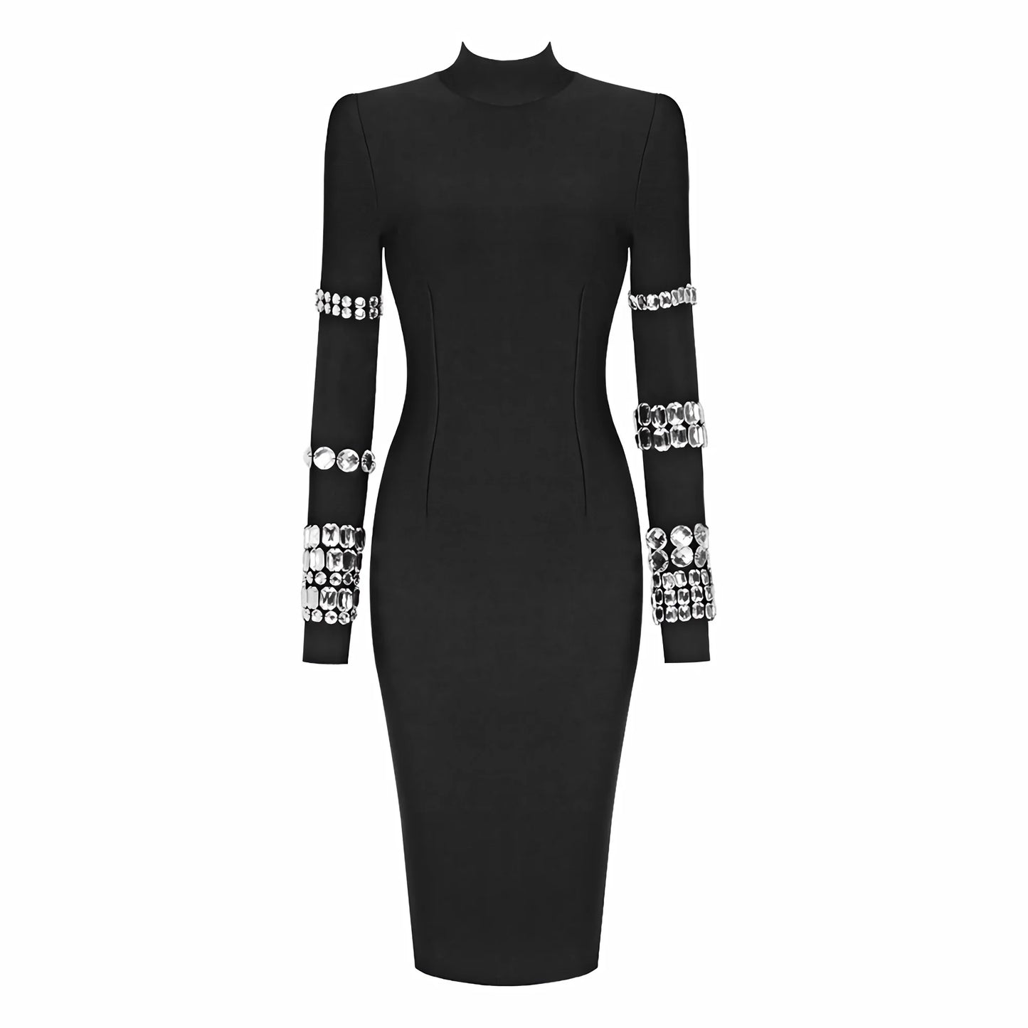 Luxury Party Dresses for Women, Long Sleeve, Crystal Embellished Beading Bandage Mini Prom, Birthday Black