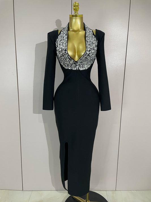 ✨ Luxury Long Sleeve Halter Neck Bodycon Evening Dress with Crystal Details