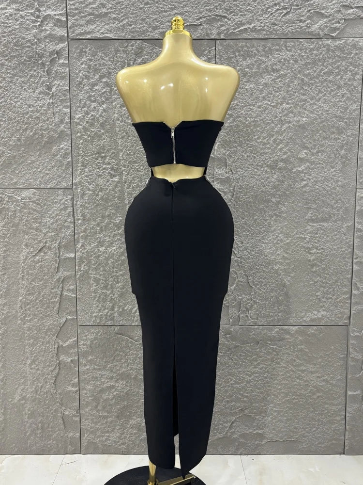 Luxury ⭐ Vestido Bodycon Negro con Flores Brillantes – 2 Piezas Elegante
