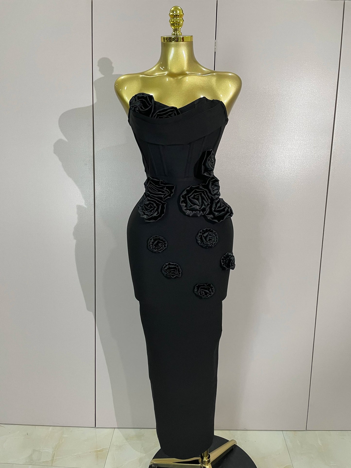 Strapless 3D Flower Bandage Maxi Dress – Elegant Evening Gown
