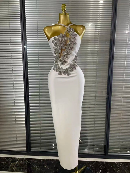 ✨Luxury White Diamond Floral Elegance Gown – Off-Shoulder Luxury Evening Dress