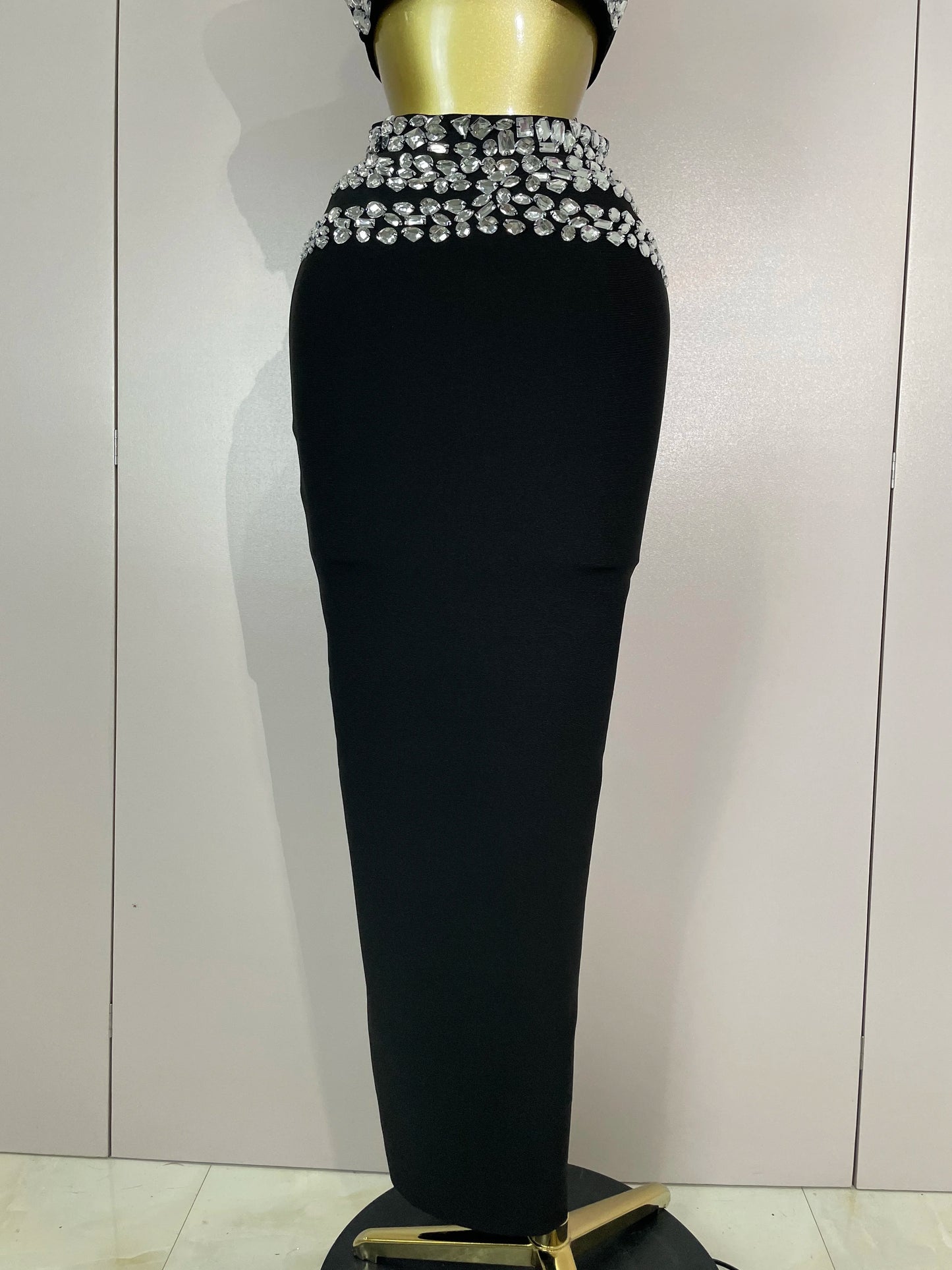 ✨Luxury Shining Sewed Diamond Black Long Bandage Two Piece