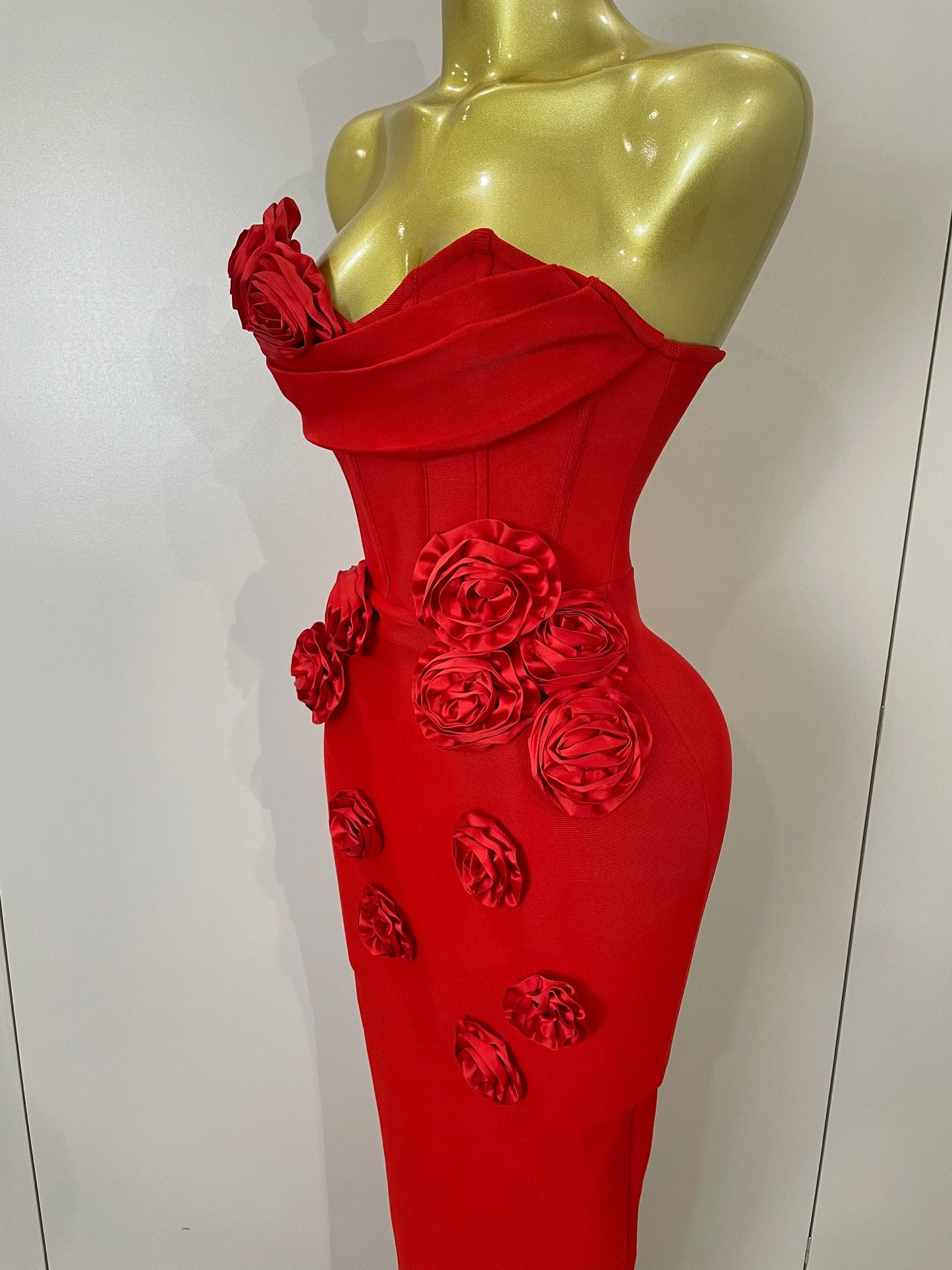 Strapless 3D Flower Bandage Maxi Dress – Elegant Evening Gown