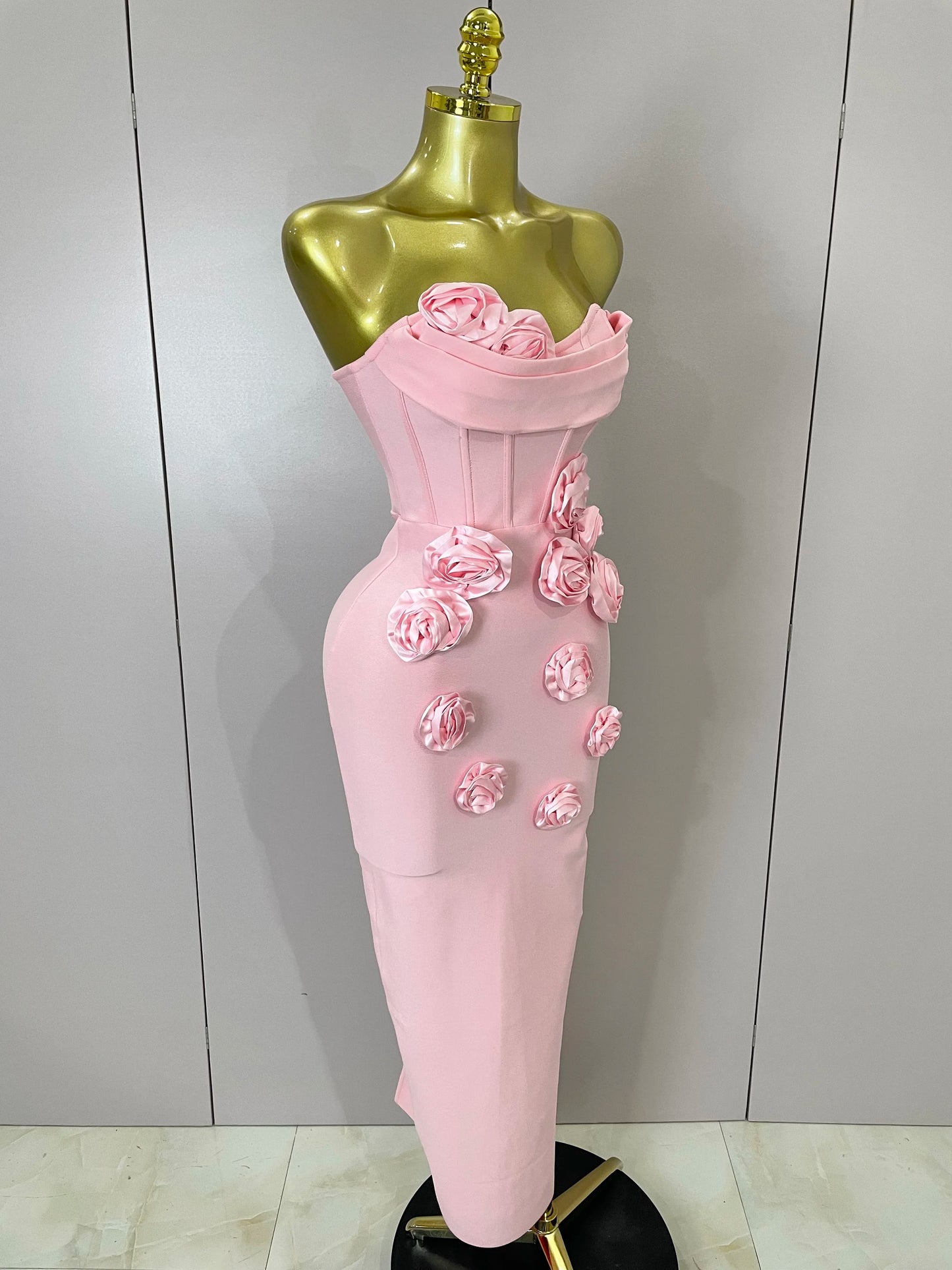 Strapless 3D Flower Bandage Maxi Dress – Elegant Evening Gown