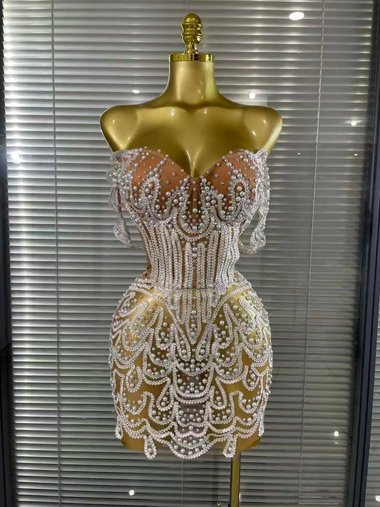 ✨ Luxury Beaded Strapless Mini Dress – Bodycon Party & Birthday