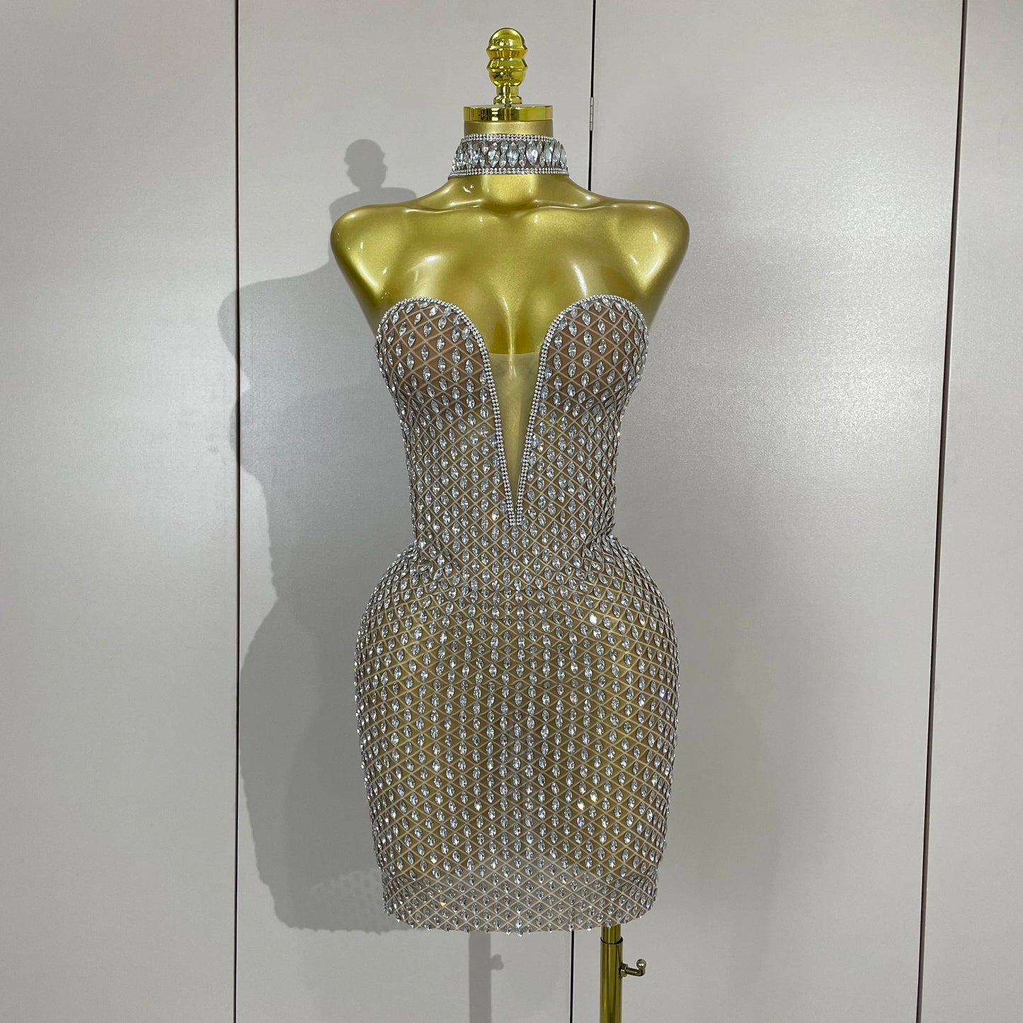 Luxurious Full Rhinestones Mesh Transparent Short