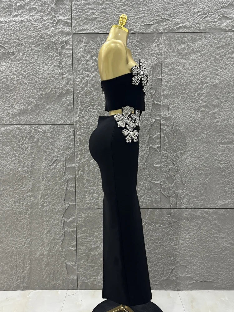 Luxury ⭐ Vestido Bodycon Negro con Flores Brillantes – 2 Piezas Elegante