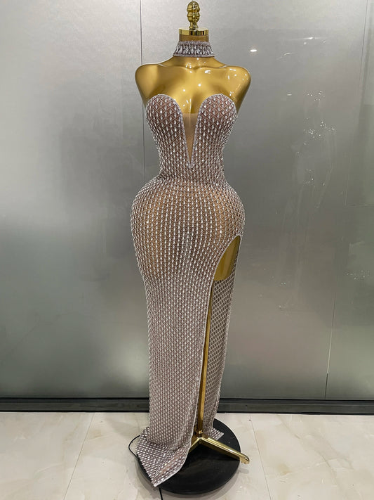 Rhinestone Mesh Sheer Long Dress – Elegant Evening & Birthday Look