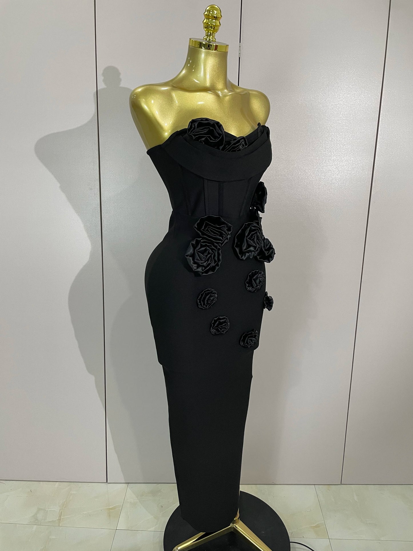 Strapless 3D Flower Bandage Maxi Dress – Elegant Evening Gown
