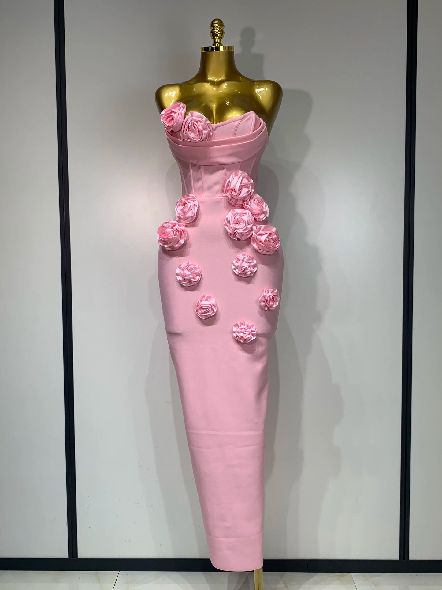 Strapless 3D Flower Bandage Maxi Dress Elegant Evening Gown with Detailed Floral Embellishments for Special Occasions