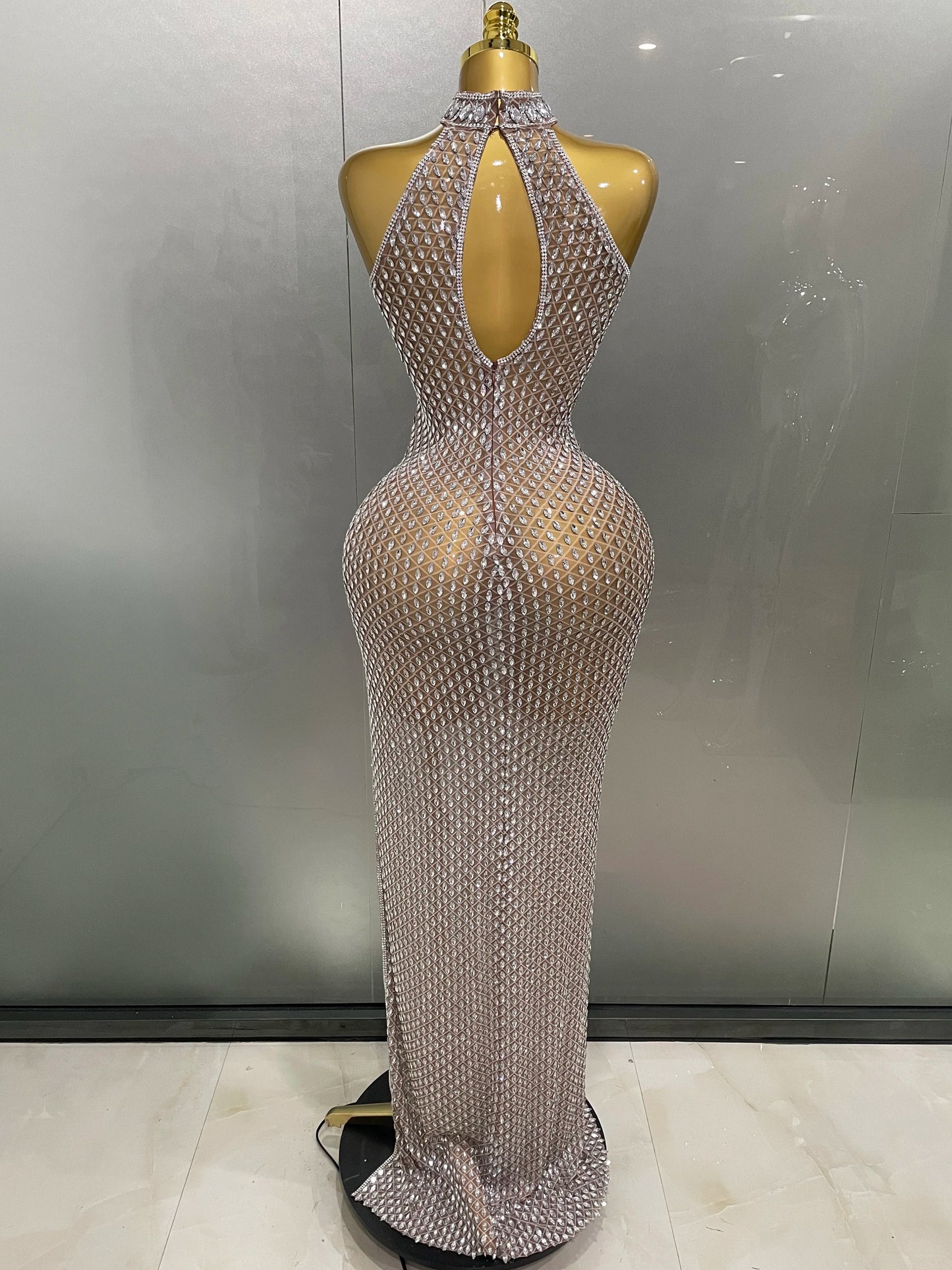 Rhinestone Mesh Sheer Long Dress – Elegant Evening & Birthday Look