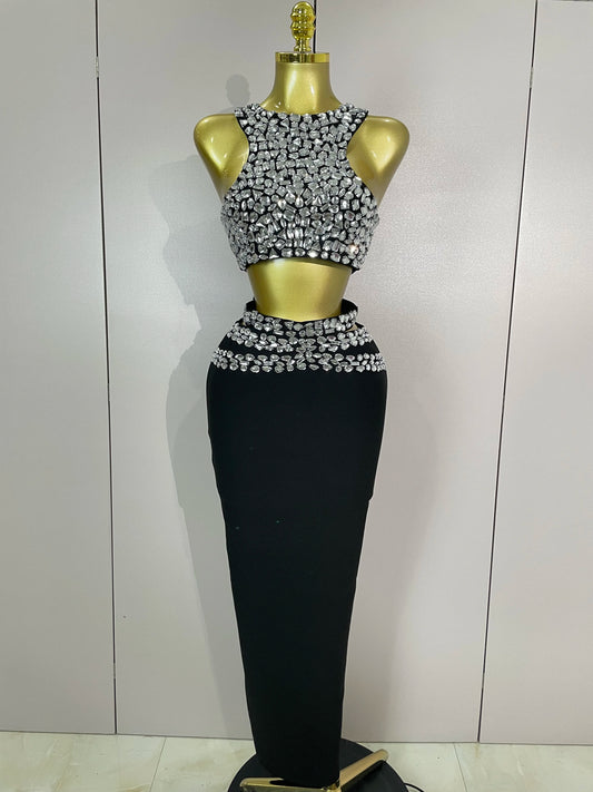 ✨Luxury Shining Sewed Diamond Black Long Bandage Two Piece