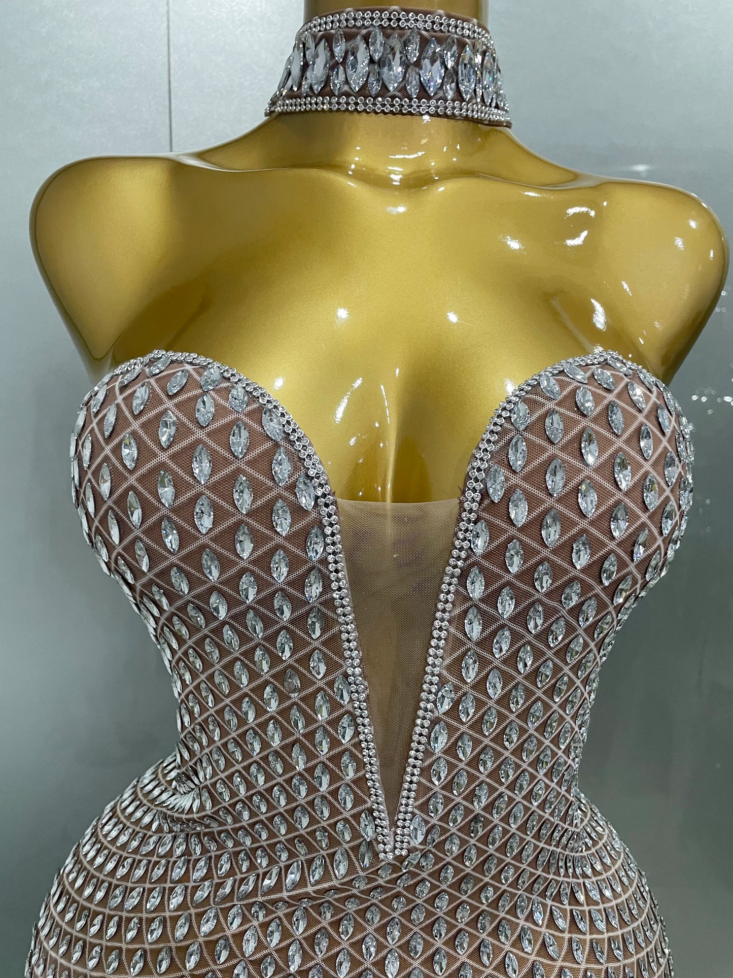 Rhinestone Mesh Sheer Long Dress – Elegant Evening & Birthday Look