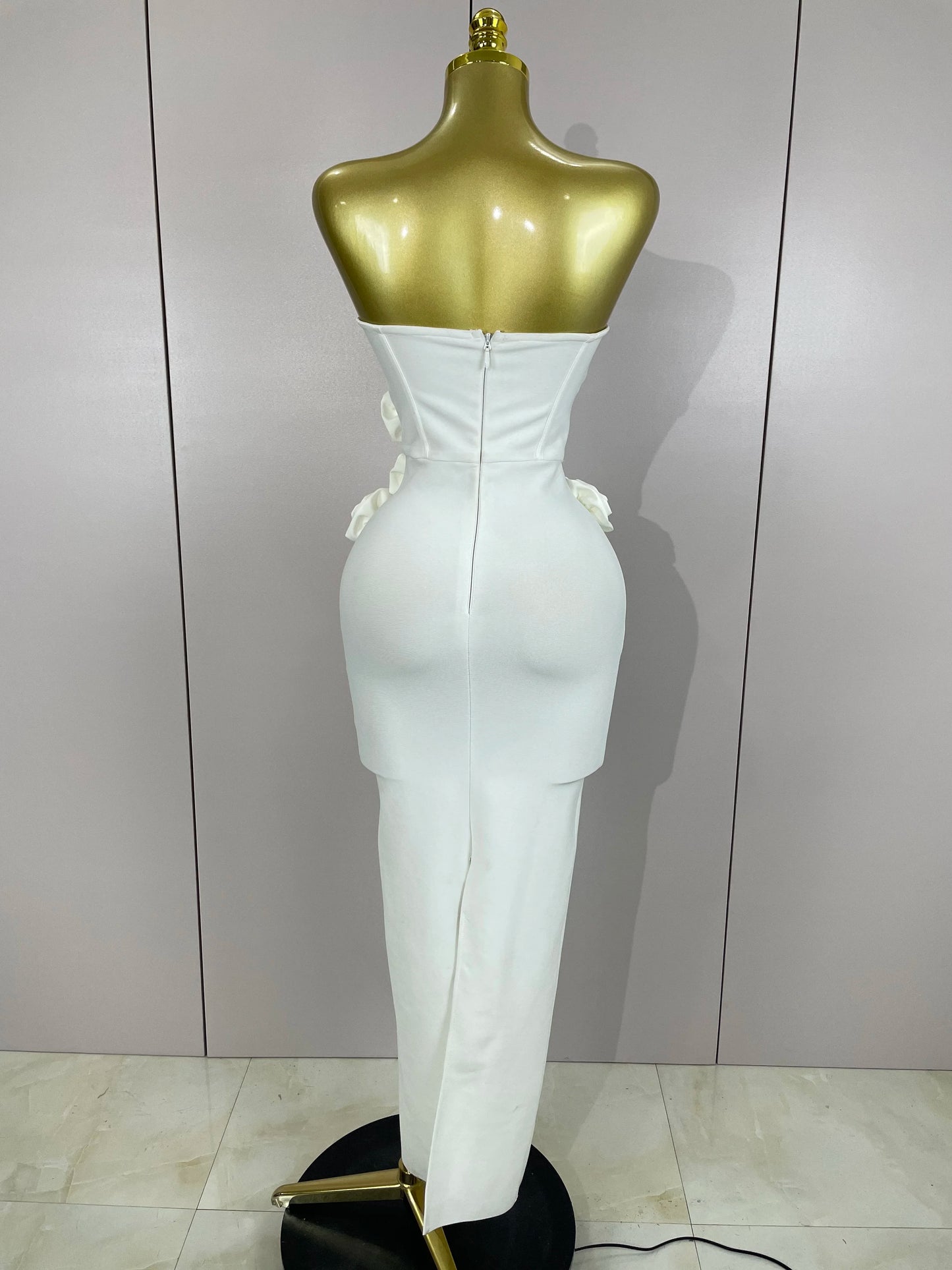 Strapless 3D Flower Bandage Maxi Dress – Elegant Evening Gown
