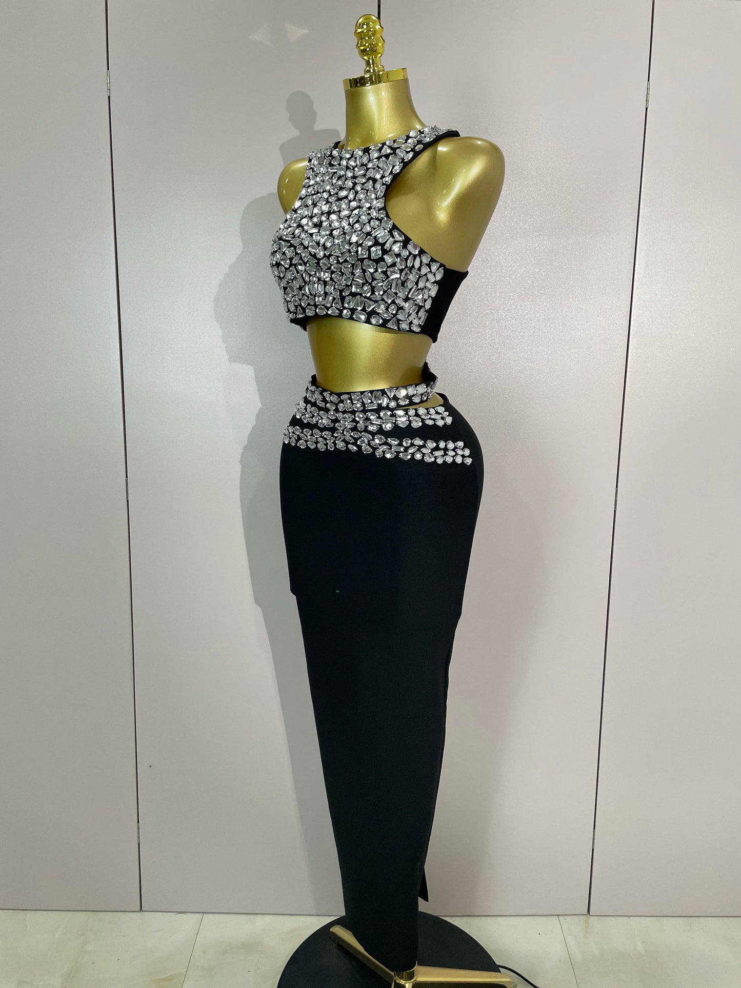 ✨Luxury Shining Sewed Diamond Black Long Bandage Two Piece