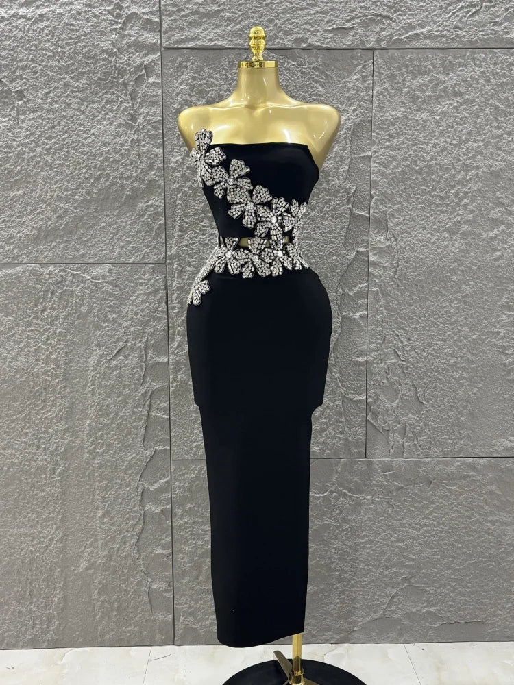 Luxury ⭐ Vestido Bodycon Negro con Flores Brillantes – 2 Piezas Elegante