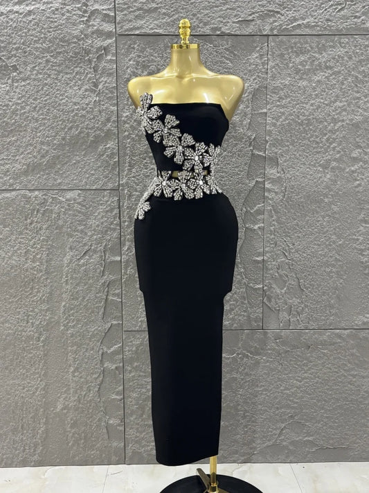 Luxury ⭐ Vestido Bodycon Negro con Flores Brillantes – 2 Piezas Elegante