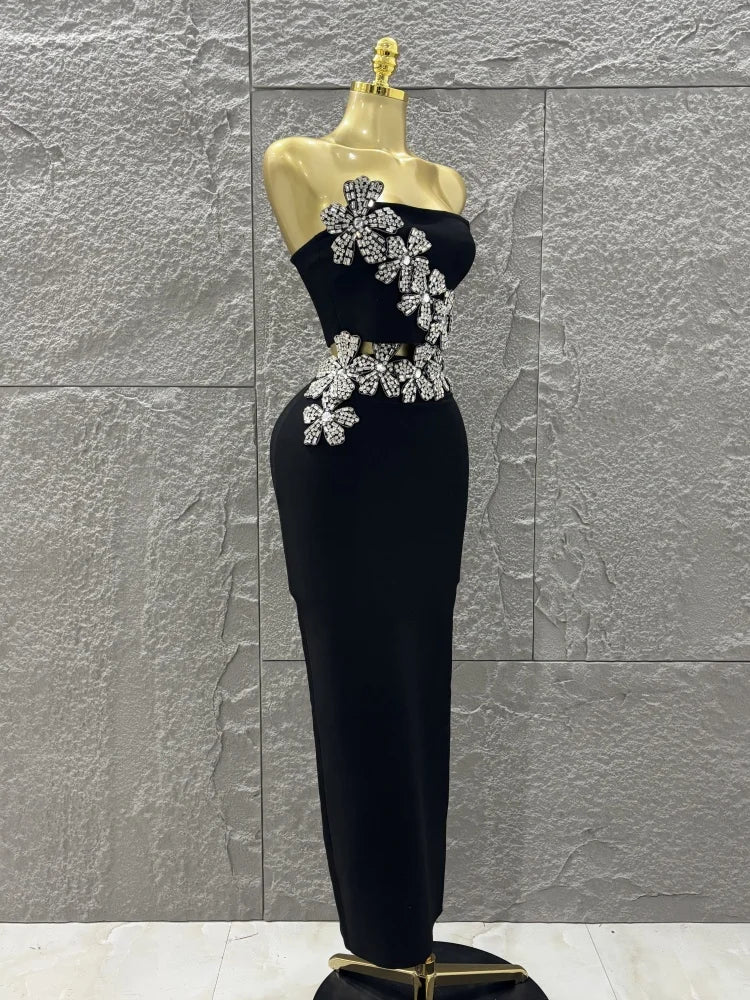 Luxury ⭐ Vestido Bodycon Negro con Flores Brillantes – 2 Piezas Elegante