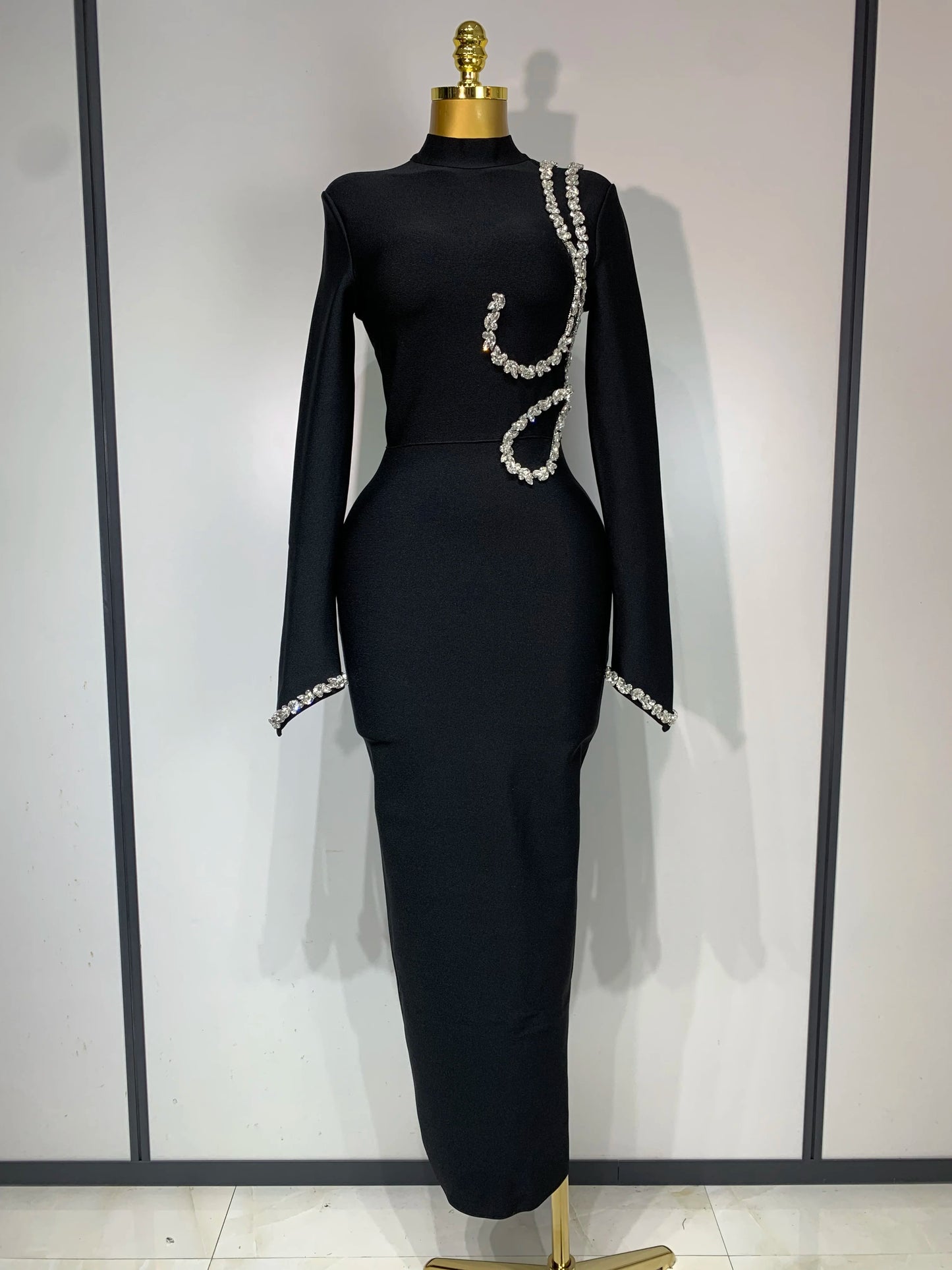 ✨Luxury Women Sexy Long Sleeve Diamonds Maxi Long Bodycon