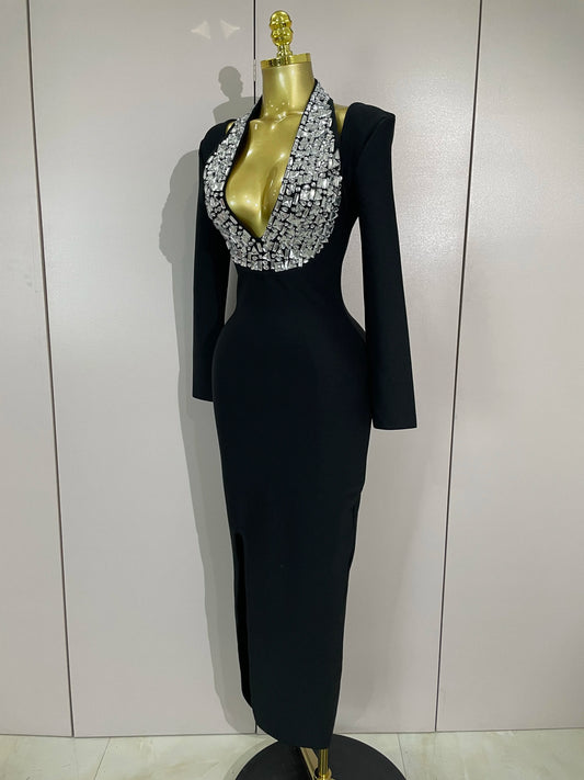 ✨ Luxury Long Sleeve Halter Neck Bodycon Evening Dress with Crystal Details